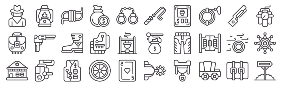 Set of 30 cowboy and western themed clean thin line vector icons including bandit, wheel, poker, money, trouser, hay, holster, sheriff, revolver, saddle