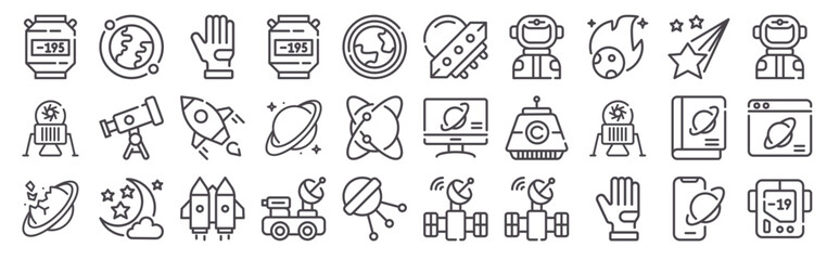 Set of 30 space outline icons including astronaut, rocket, satellite, , telescope, planet, capsule, cryogenic, lander, comet. Thin line vector collection © Emilia