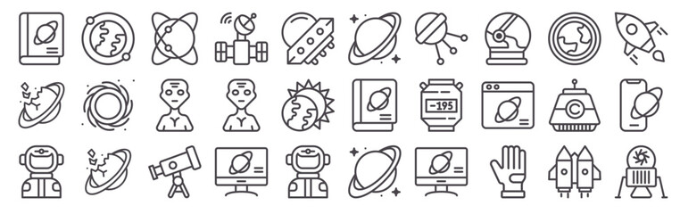 Set of 30 space exploration thin line icons including astronaut, satellite, rocket, planet, alien, telescope, black hole, UFO, spacecraft and astronomy elements © Emilia