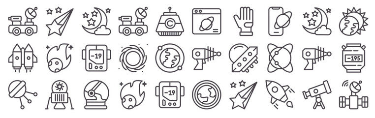 Set of 30 space exploration clean thin line vector icons including , comet, satellite, ufo, lander, rocket, planet earth, telescope, astronaut helmet © Emilia