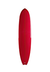 Fototapeta premium a centered, flawless crimson red vintage longboard surfboard with a reflective lacquer finish, standing vertically against a high-key white studio backdrop with copy space, high-end commercial