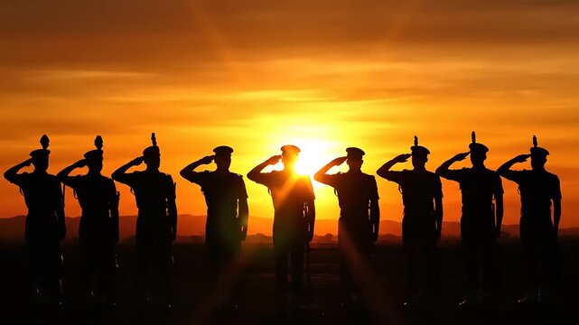 Silhouette of soldiers saluting during a vibrant sunset, a symbol of respect and patriotism during a golden hour