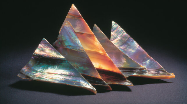 Abstract arrangement of iridescent abalone shell fragments showcasing shimmering rainbow colors