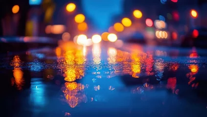 Fototapete Reflection moody rainy night city street with colorful bokeh lights reflected on wet pavement and shallow depth of field  © sunny