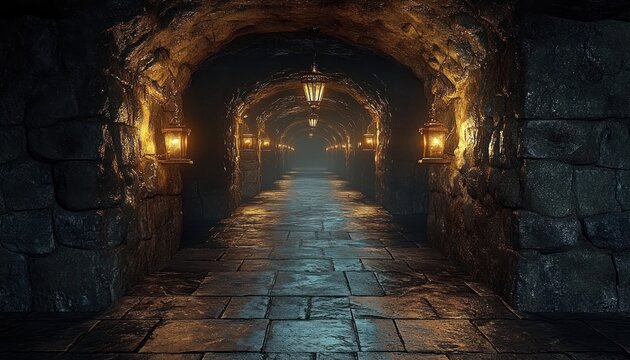 long stone arched tunnel corridor lit by warm lanterns with wet reflective cobblestone floor and vaulted masonry, misty vanishing point, eerie atmospheric mood