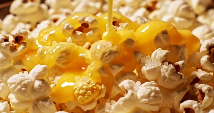 Cheese pouring on popcorn snack.