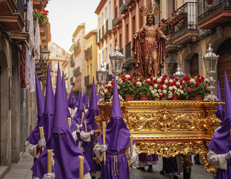 Holy Week procession with penitents and crucifix in historic street