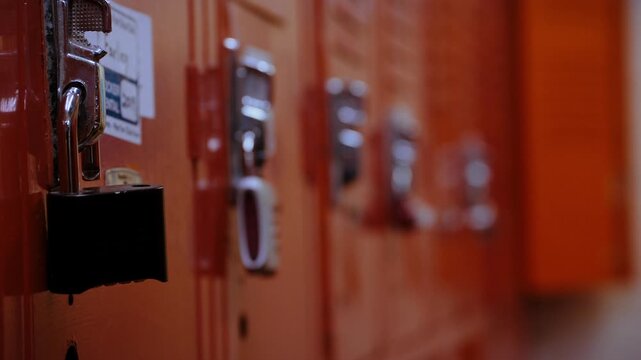 Side view of lockers in an american high school hallway with changing focus