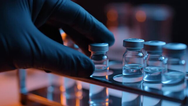 A gloved hand holds a small medical vial in a laboratory setting with dramatic blue and orange lighting. Several other vials are visible.