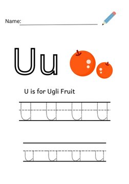 Alphabet U tracing worksheet with ugli fruit illustration for kids.