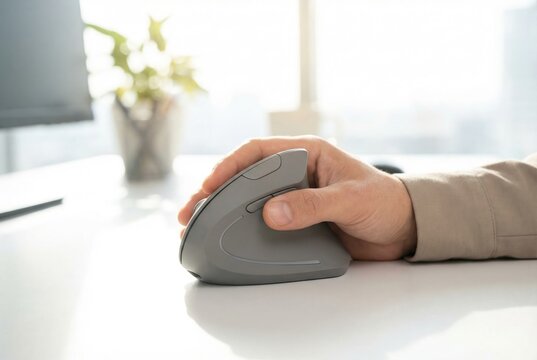 Hand resting comfortably on a grey modern vertical ergonomic computer mouse on a white desk