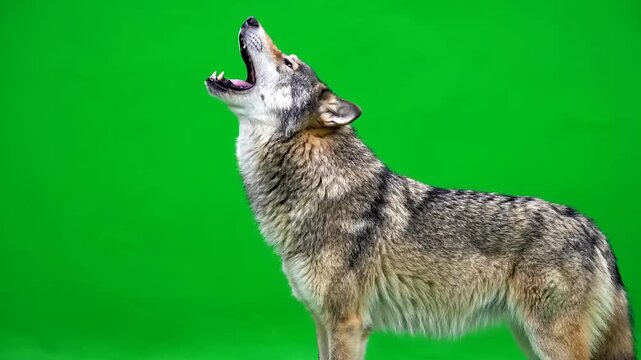 Striking gray wolf howls intensely, captured in profile against a vibrant green screen, conveying primal wilderness instincts and powerful communication