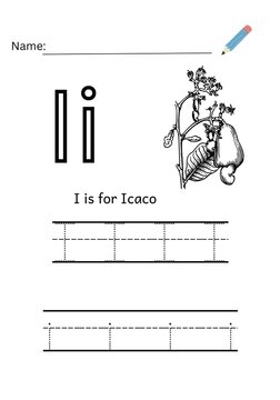 Alphabet I tracing worksheet with icaco fruit illustration for kids.
