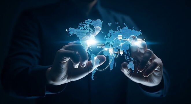 Content Delivery Network (CDN) concept. An IT professional's hands configure a holographic CDN, with a world map showing data being distributed from servers closest to users.