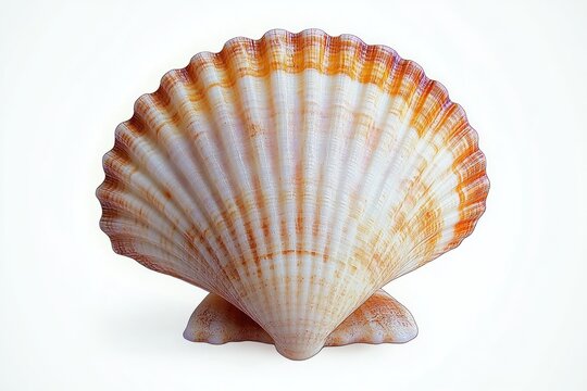 single scallop shell resting open like a fan with orange and white ribbed stripes on a clean white background, calm and delicate coastal still life