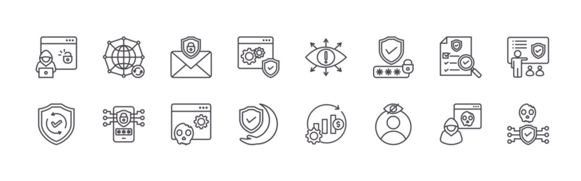 set of 16 modern thin line security awareness icons featuring hacker, security, internet, mobile security, email security, piracy, software, protection, vigilance. editable stroke vector