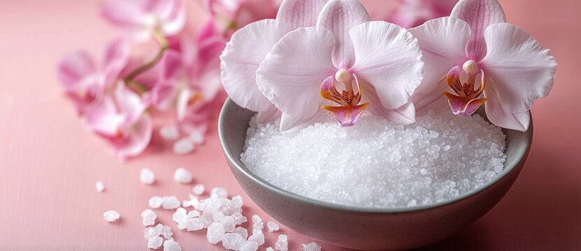 pink orchid blossoms resting on a bowl of coarse white bath salts with scattered crystals on a soft pink background, serene spa feeling