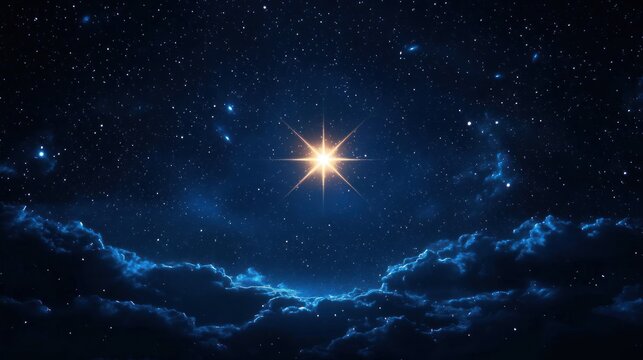 golden radiant star above a glowing blue cloudscape under a vast starlit night sky, evoking wonder and peaceful serenity