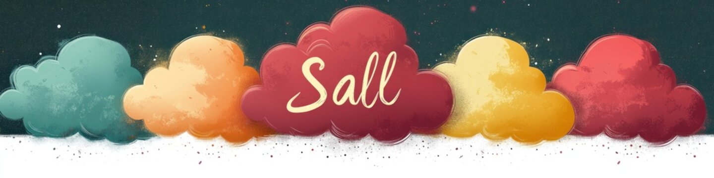row of colorful stylized clouds on a starry dark background with a central red cloud displaying cursive text 'Sall', playful dreamy and cheerful mood