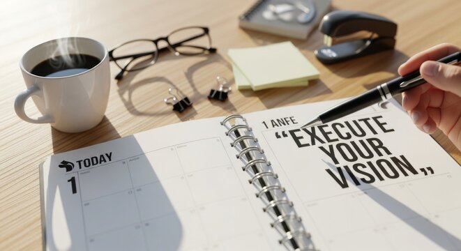 Desk with Planner, Glasses, and Office Supplies