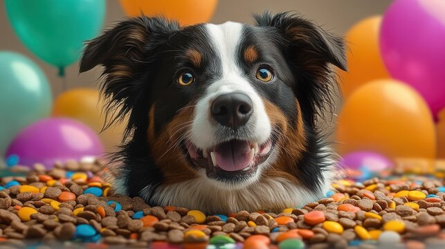 joyful tricolored dog poking head through a pile of kibble and colorful candy-like treats with balloons in the background