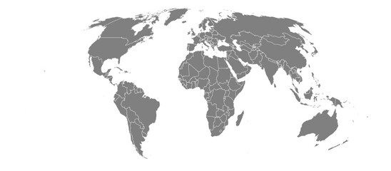 Mollweide projection world map grey fill white borders without Antarctica global vector graphic geography silhouette shape national border design isolated transparent background atlas eps © VectorMapArt