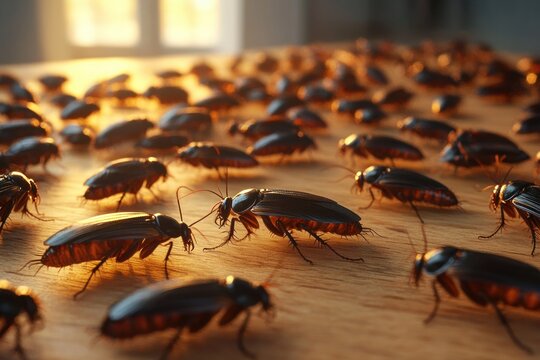 dozens of glossy brown cockroaches crawling across a sunlit wooden surface with warm window light, creating a creepy unsettling infestation scene