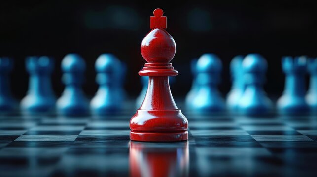 red bishop chess piece standing alone on reflective chessboard with blurred blue pawns in background, dramatic lighting conveying dominance and determination