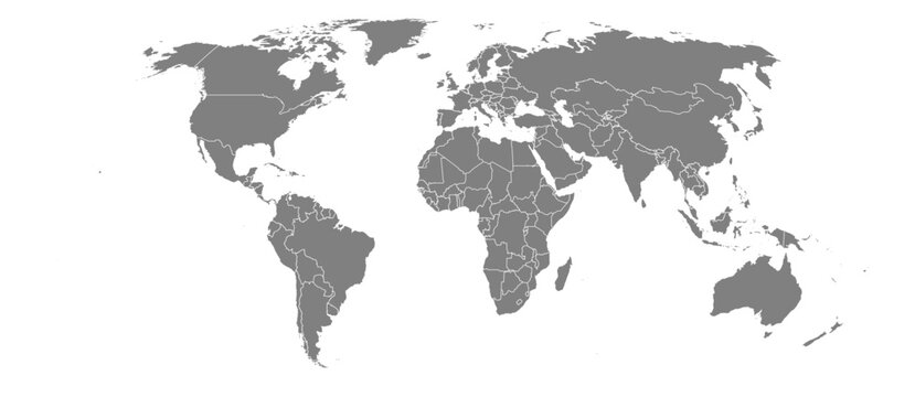 Robinson projection world map grey fill white borders without Antarctica global vector graphic geography silhouette shape national border design isolated transparent background atlas eps
