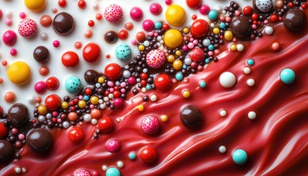 Colorful candy spheres and tiny sprinkles scattered over glossy red swirls and white creamy base, playful vibrant confection close-up