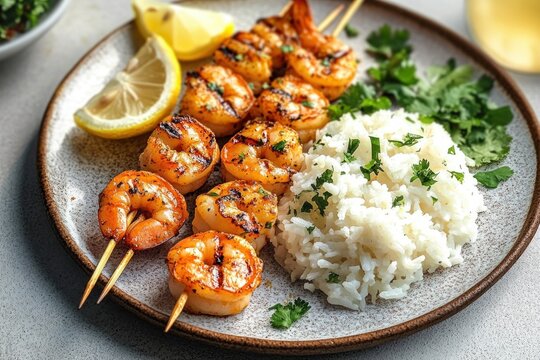 Grilled shrimp skewers with fluffy cilantro rice, lemon wedge and fresh herbs on a ceramic plate, warm and appetizing