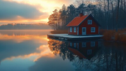 Fototapeta premium Solitary red lakeside cabin on a wooden dock reflected in glassy water at a misty sunrise with bare trees and golden sky, calm and tranquil atmosphere