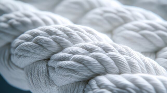 Close-up of thick braided white rope with soft twisted fibers and a calm, tactile feel