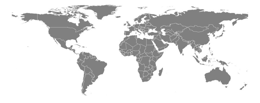 Equirectangular projection world map grey fill white borders without Antarctica global vector graphic geography silhouette shape national border design isolated transparent background atlas eps