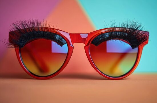 close-up of red-rimmed sunglasses with dramatic eyelashes and rainbow-tinted lenses against a pink and teal gradient background, bold and playful
