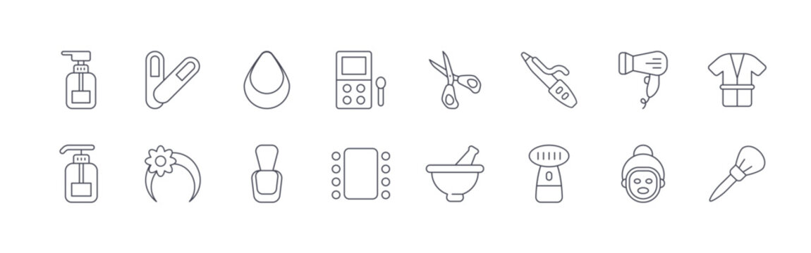 collection of 16 minimal thin line beauty saloon icons such as shampoo, lotion, nail buffer, headband, beauty blender, nail polish, eyeshadow, mirror, scissors. editable stroke vector