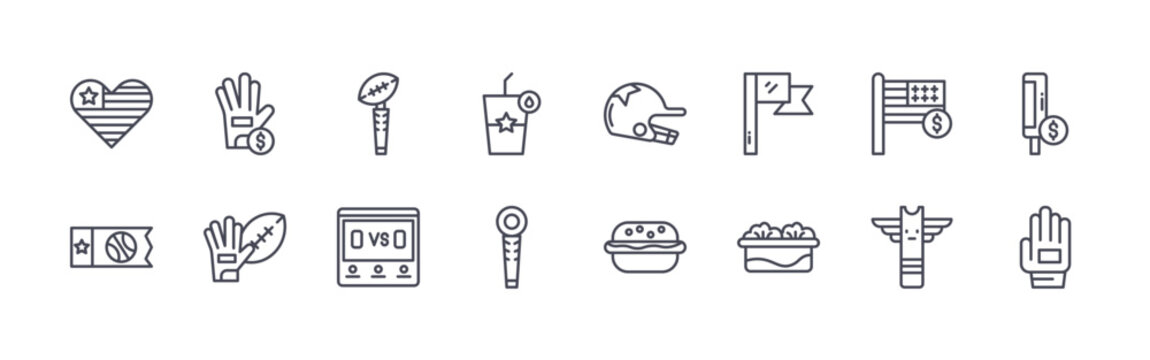collection of 16 minimal thin line american icons such as american flag, sport ticket, football gloves, rugby ball, rugby trophy, scoreboard, drink cup, trophy, baseball helmet.