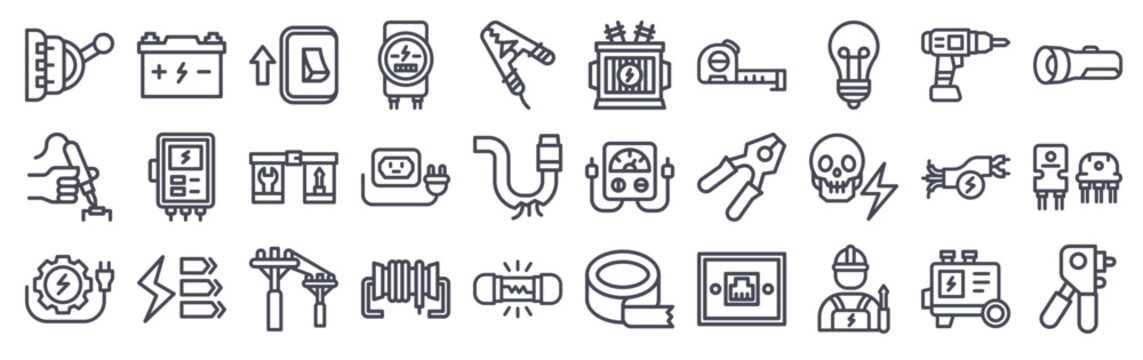 Set of 30 electrician tools minimal thin line icons including cable, fuse, plier, wiring, voltmeter, switch, socket, drill, light bulb for electrical web design