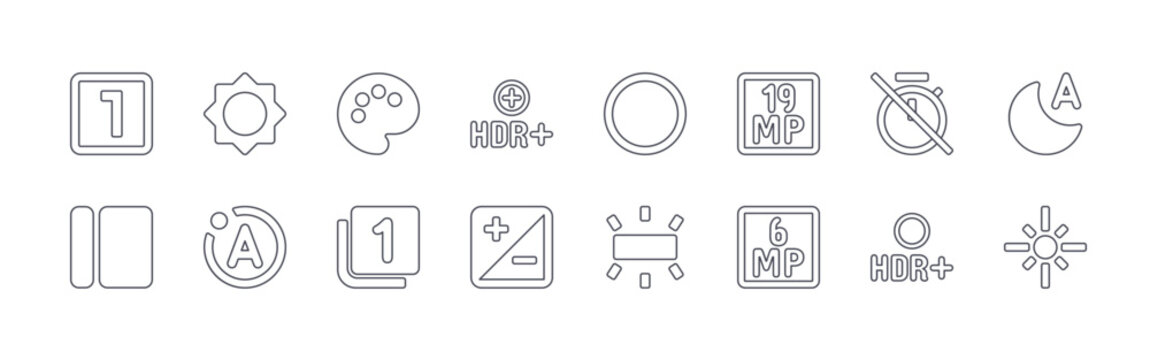 collection of 16 minimal thin line photo and image icons such as one, slide, brightness, motion, color palette, one, hdr, contrast, circle. editable stroke vector illustration isolated on white