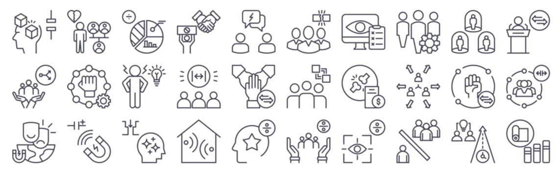 Set of 30 social polarization minimal thin line icons including division, unity, activists, discourse, echo chamber, ideology, community, tension, conflict and fractured society concepts