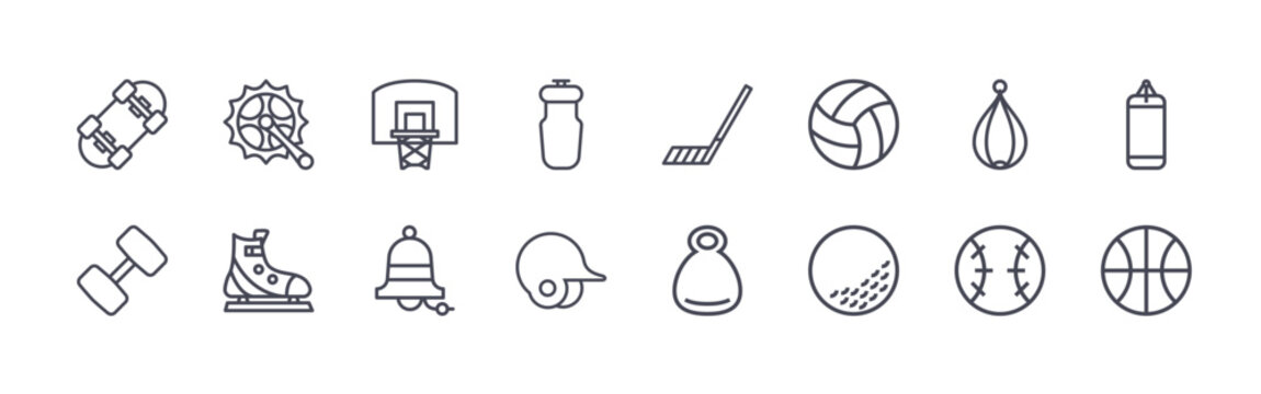 collection of 16 minimal thin line sport icons such as skateboard, dumbell, crank, ice skate, basket, bell, bidon, baseball helmet, hockey. editable stroke vector illustration isolated on white