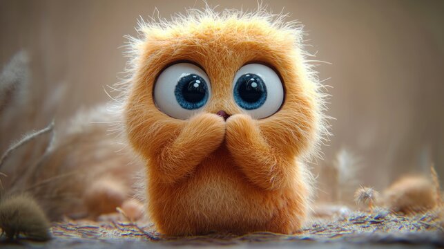 Small orange fluffy animal resting on the ground with a warm soft background, a cute calm mood and textured fur