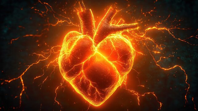 Glowing molten human heart with fiery veins and electric sparks, radiating intense energy and raw passion against a dark background