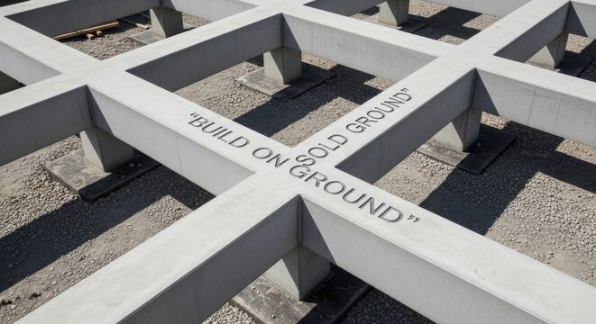 Concrete Foundation Structure with "Build On Solid Ground" Inscription