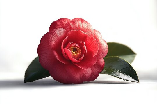 single red camellia blossom with two glossy green leaves on white background, serene delicate elegance