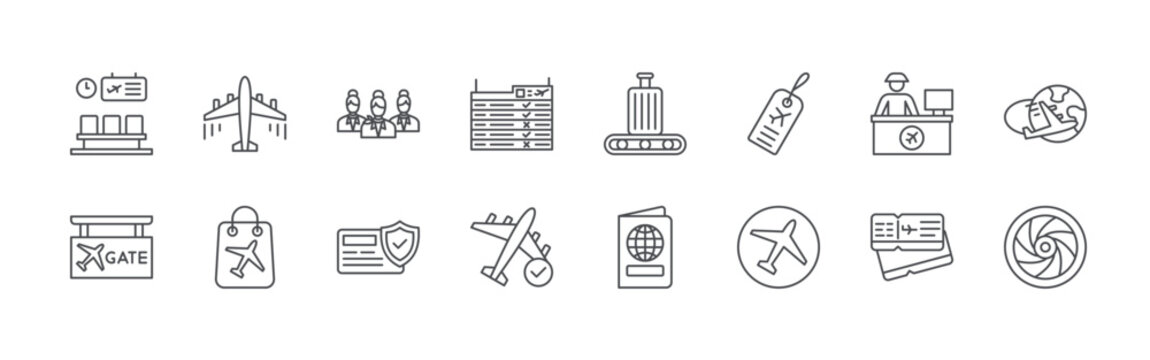 bundle of 16 editable thin line airline icons including lounge, gate, airplane, duty free, crew, card, departure, status, baggage. editable stroke vector illustration isolated on white