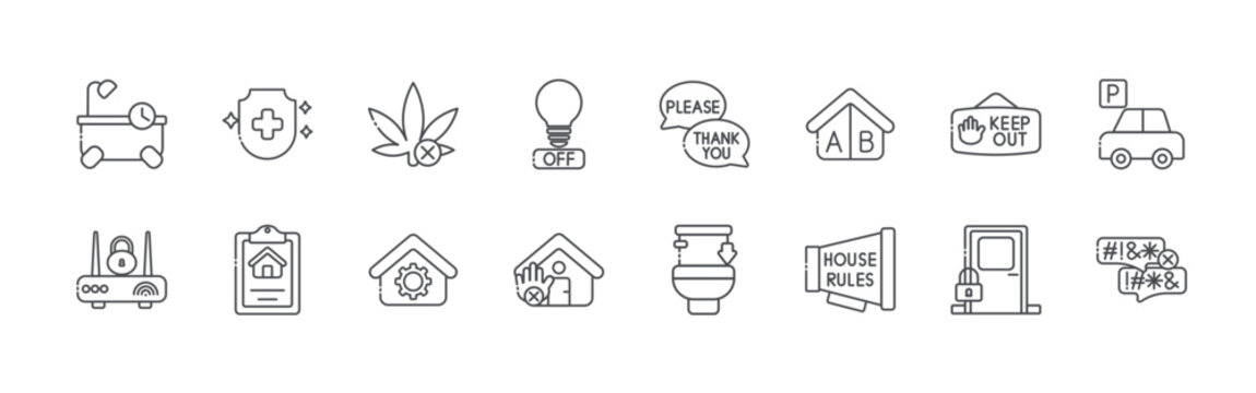 bundle of 16 editable thin line house rules icons including house rules, house rules, house rules, editable stroke vector illustration isolated on white
