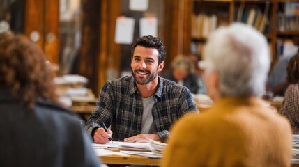 Obraz premium Volunteer Attorney Helps Low-Income Client at Legal Aid Clinic in Community Center Promoting Access to Justice