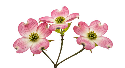 Fototapeta premium close-up of three vibrant pink dogwood flowers blooming on stems ideal for spring botanical designs and nature-themed projects on white.