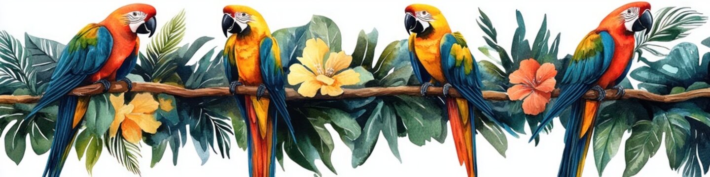 Four colorful macaws perched on a leafy tropical branch with hibiscus flowers, vibrant and cheerful watercolor birds in lush jungle foliage